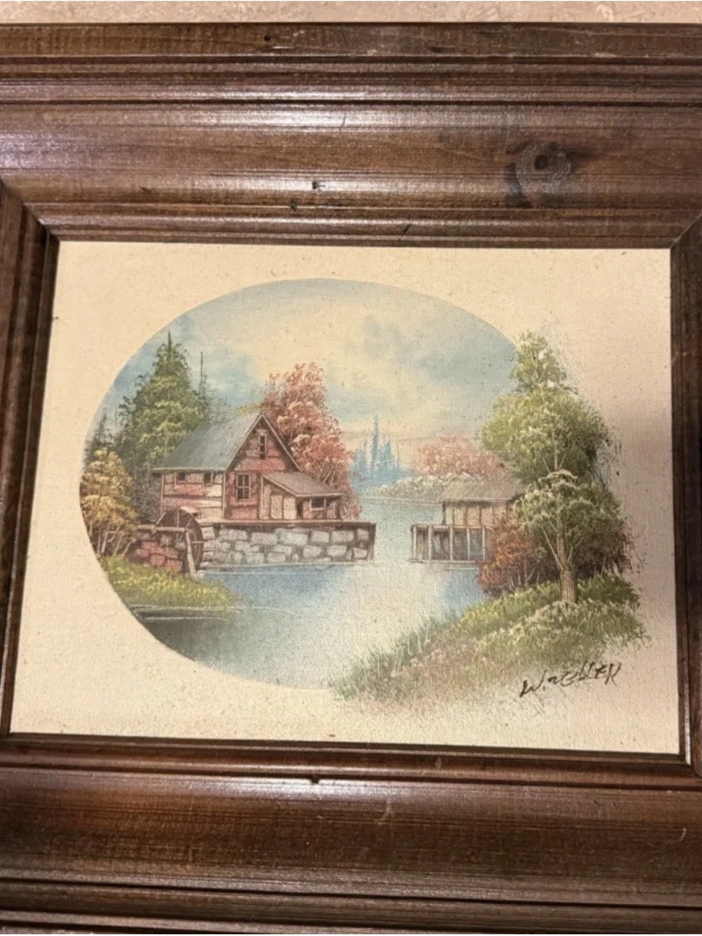 Vintage Signed W Zeller Oil Painting Canvas Cottage Landscape Wood Frame